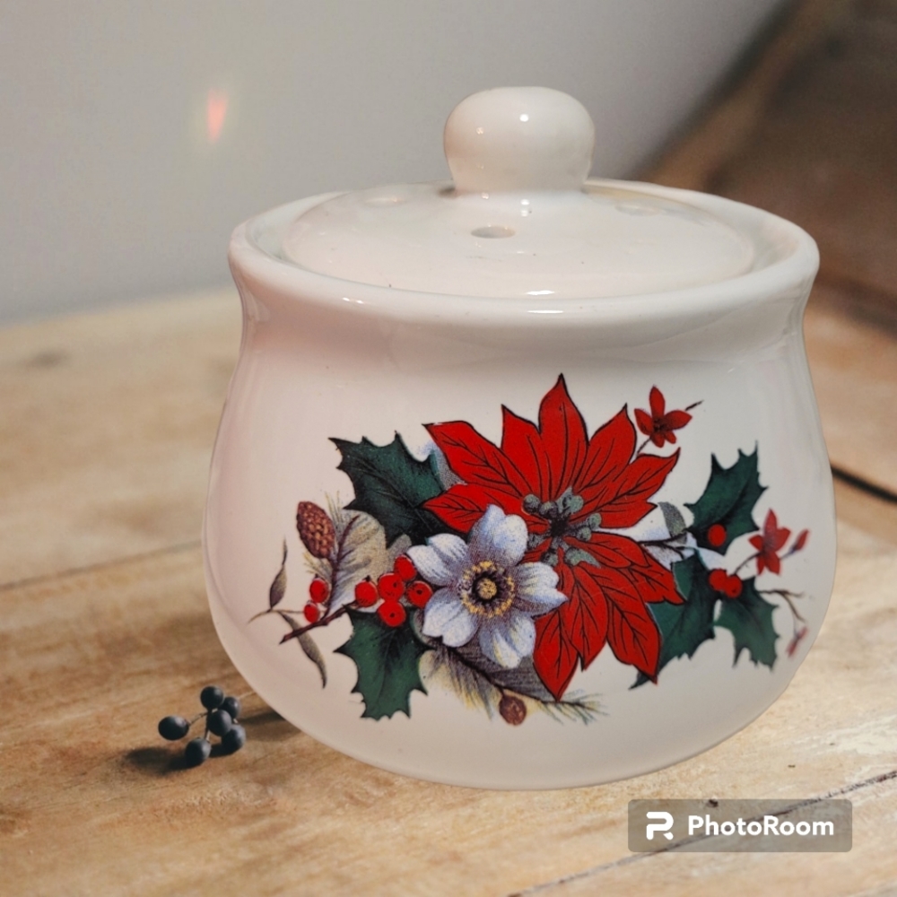 Vintage Ceramic Christmas Potpourri Holder with Poinsettias
